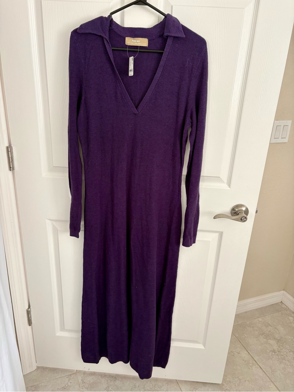 Free People Deep Purple Long-Sleeve V-Neck Sweater Dress with Collar